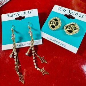 New 2 Pair Bundle Ear Secrets Gold Tone Nickel Free Pierced Earrings